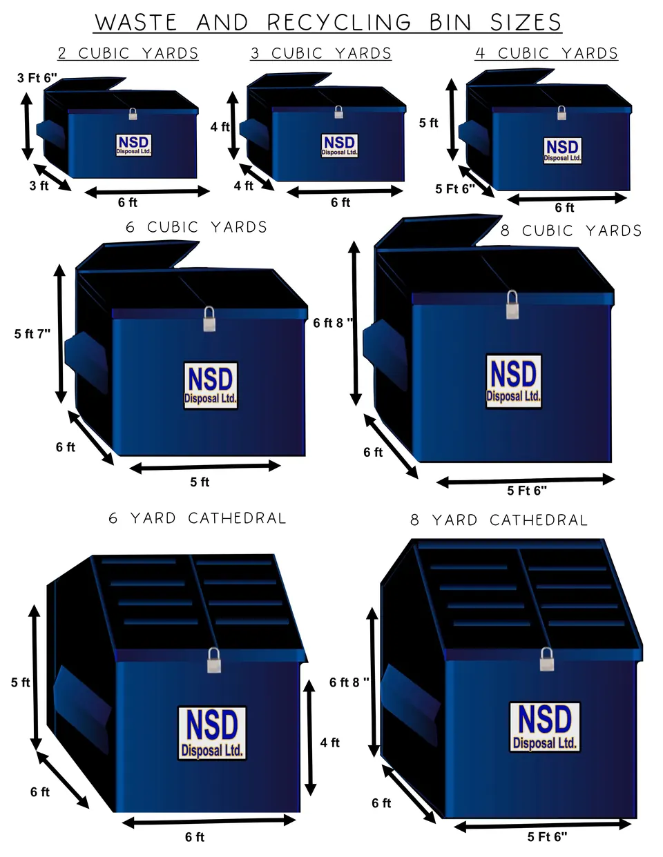 Chart of NSD waste and recycling bin sizes: 2, 3, 4, 6 and 8 cubic yard flat-top bins and 6 and 8 yard cathedral bins with dimensions