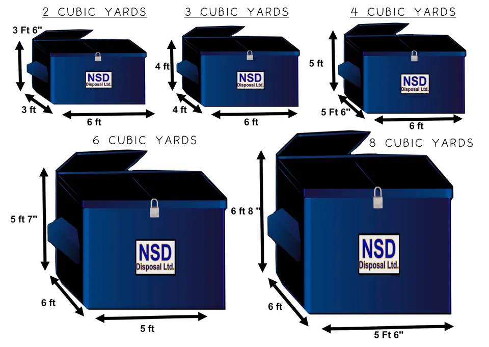 Diagram of NSD front-end bin sizes from 2 to 8 cubic yards with dimensions