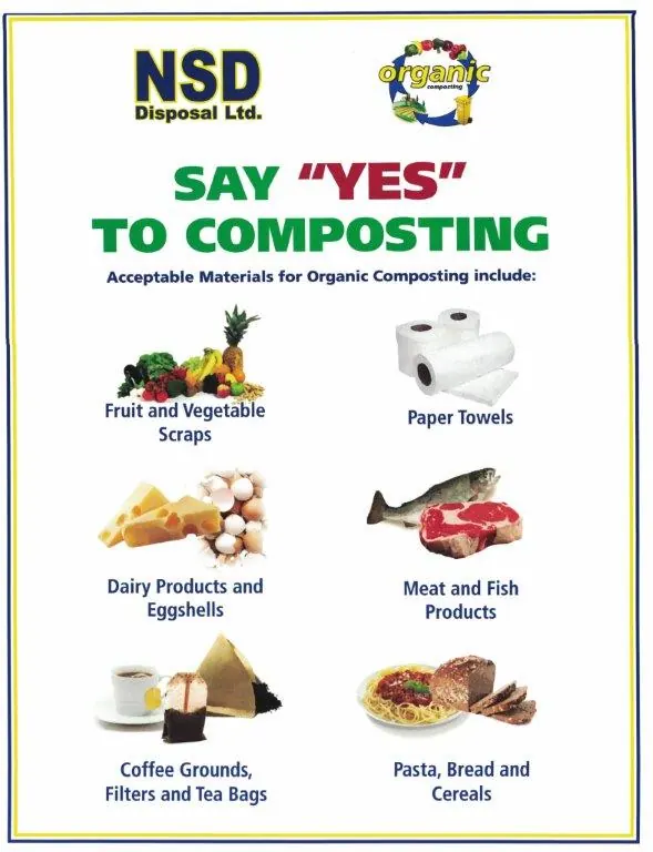 NSD Disposal “Say Yes to Composting” poster listing acceptable organic materials